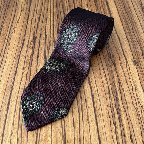 Joseph Abboud Paisley Tie 100% Silk Hand Made Burgundy / Gold